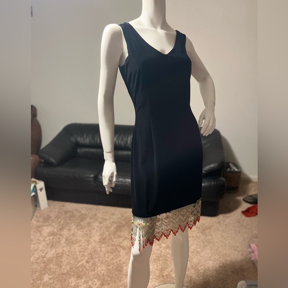 velvet strapless Elegant Black Midi Dress designer with Beaded Hem EUC - Picture 10 of 12